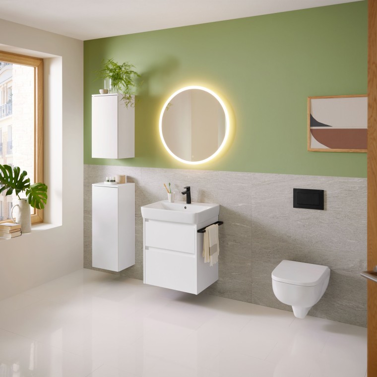 Geberit Renova Plan vanity unit with side cabinets and tall cabinet