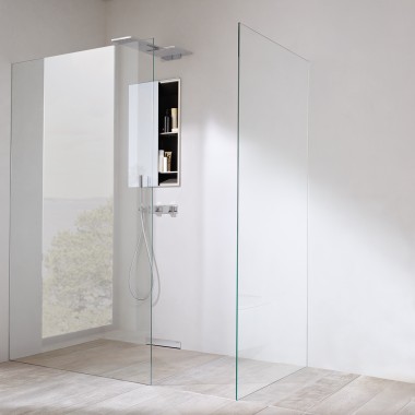 Shower with seamlessly integrated walk-in shower panel Shower with seamlessly integrated walk-in shower panel