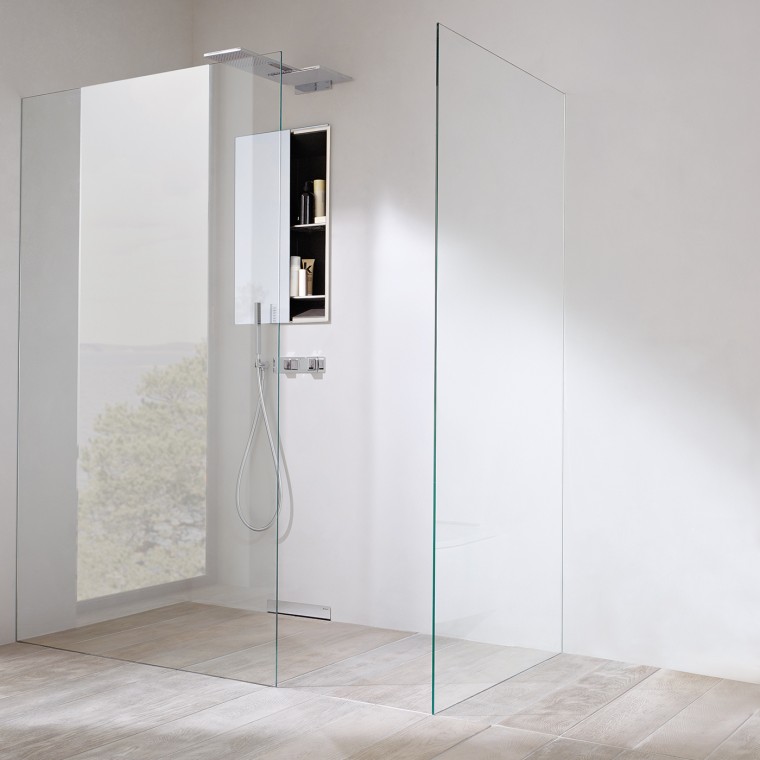 Shower with seamlessly integrated walk-in shower panel