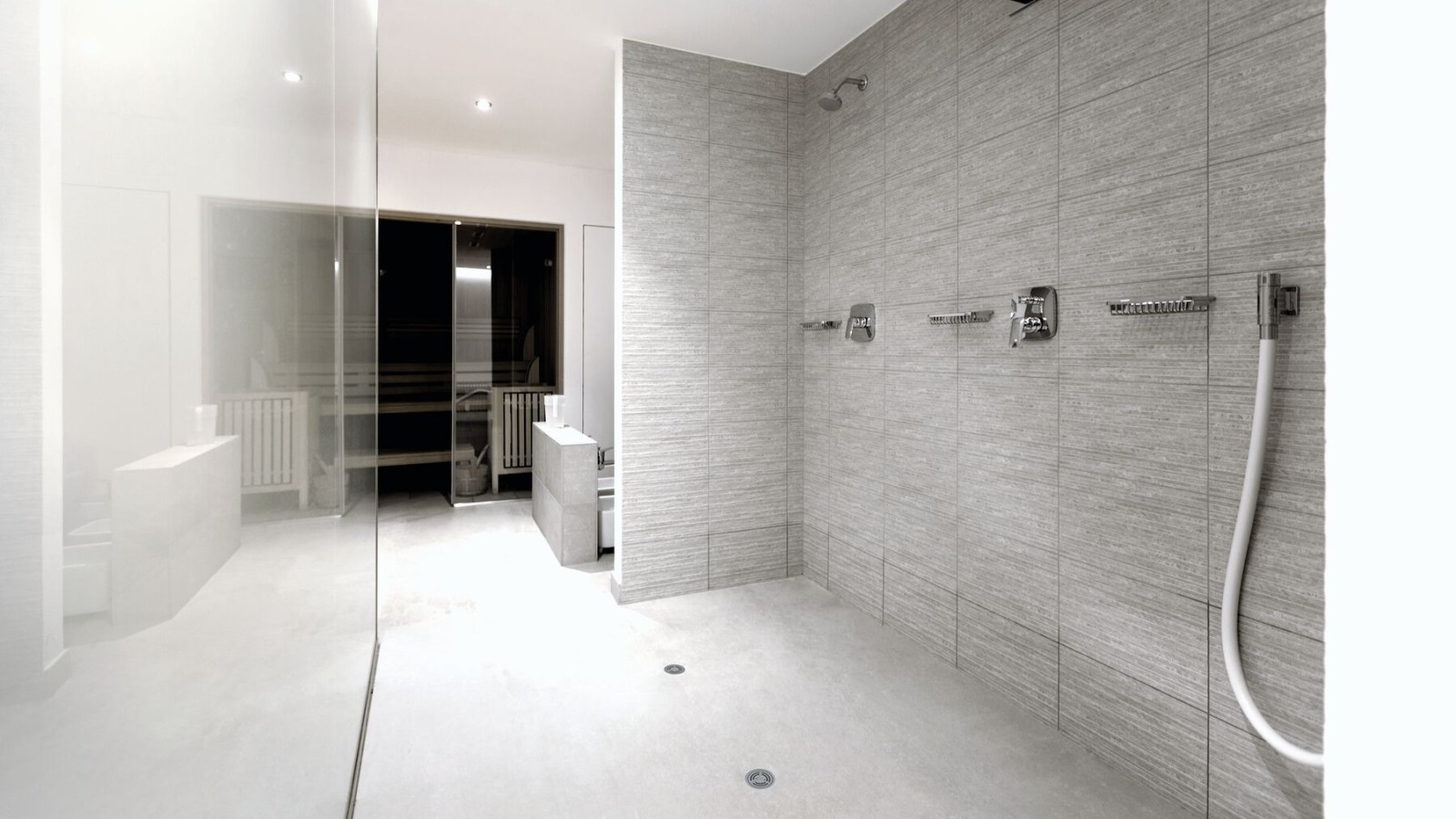 Semipublic sanitary room with Geberit vinyl (PVC) shower floor drain Semipublic sanitary room with Geberit vinyl (PVC) shower floor drain