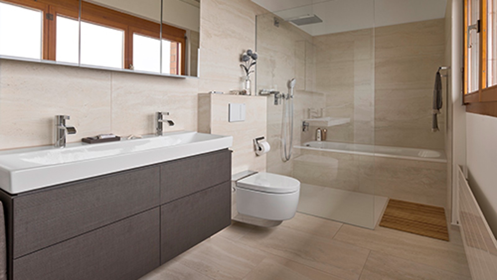 Bathroom with Geberit AquaClean shower toilet after renovation Bathroom with Geberit AquaClean shower toilet after renovation