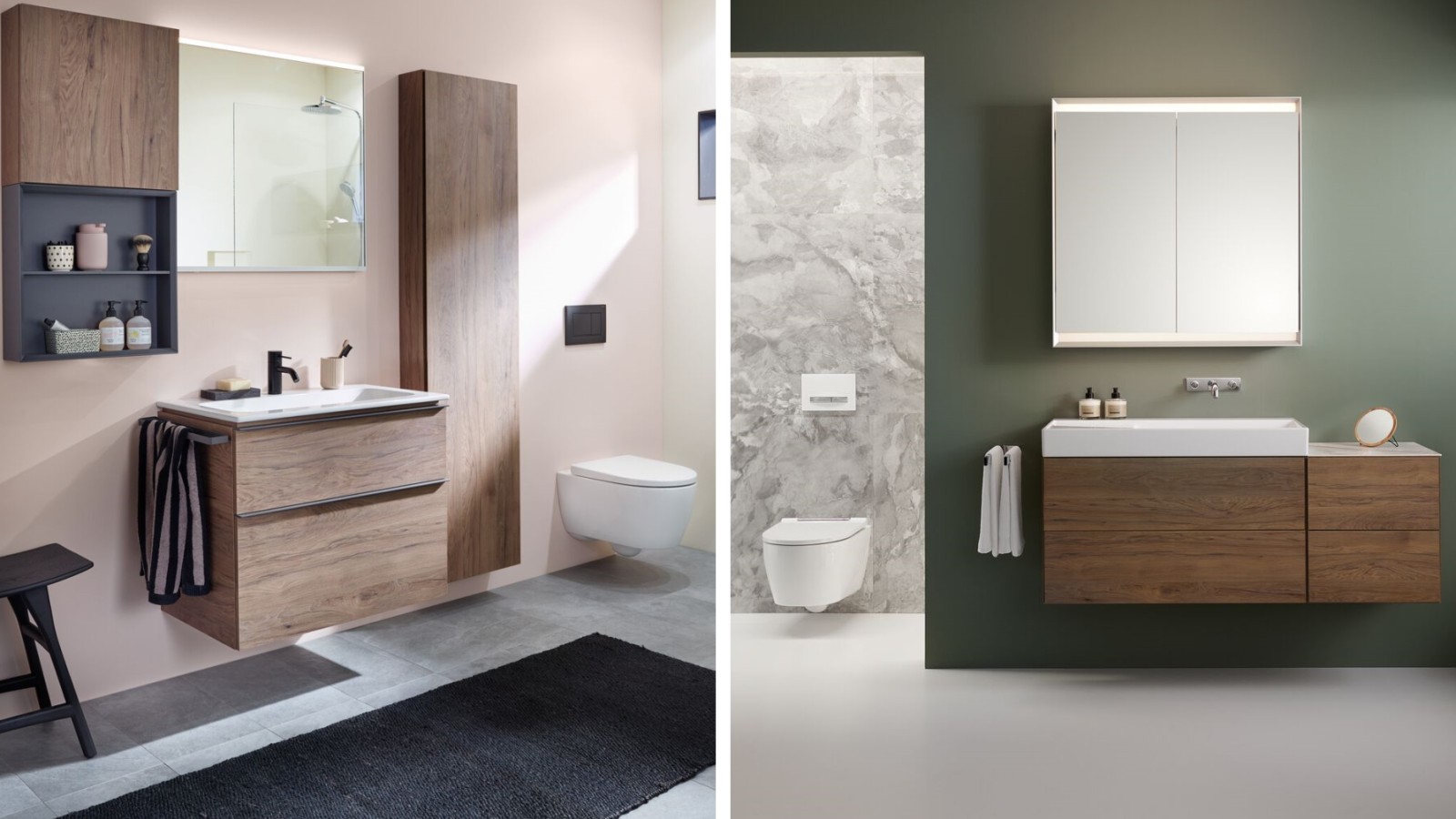 Two Geberit bathrooms with different wall colours in pink and dark green