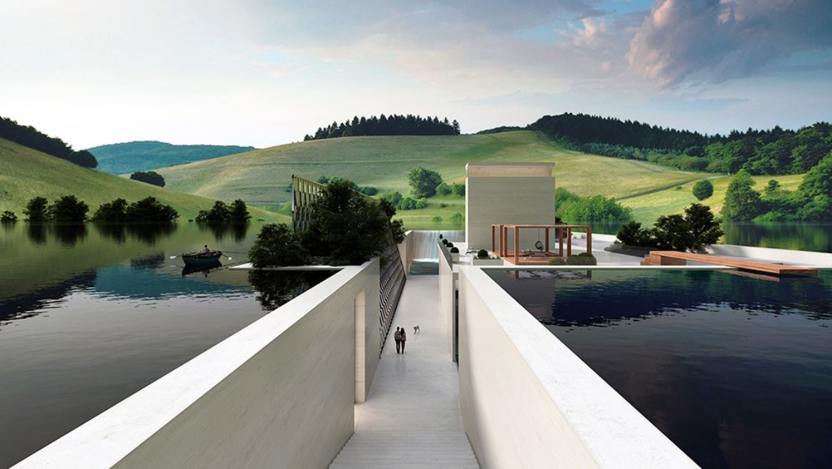 The H.O.M.E. Haus 2022 from Hadi Teherani Architects against a backdrop of green hills