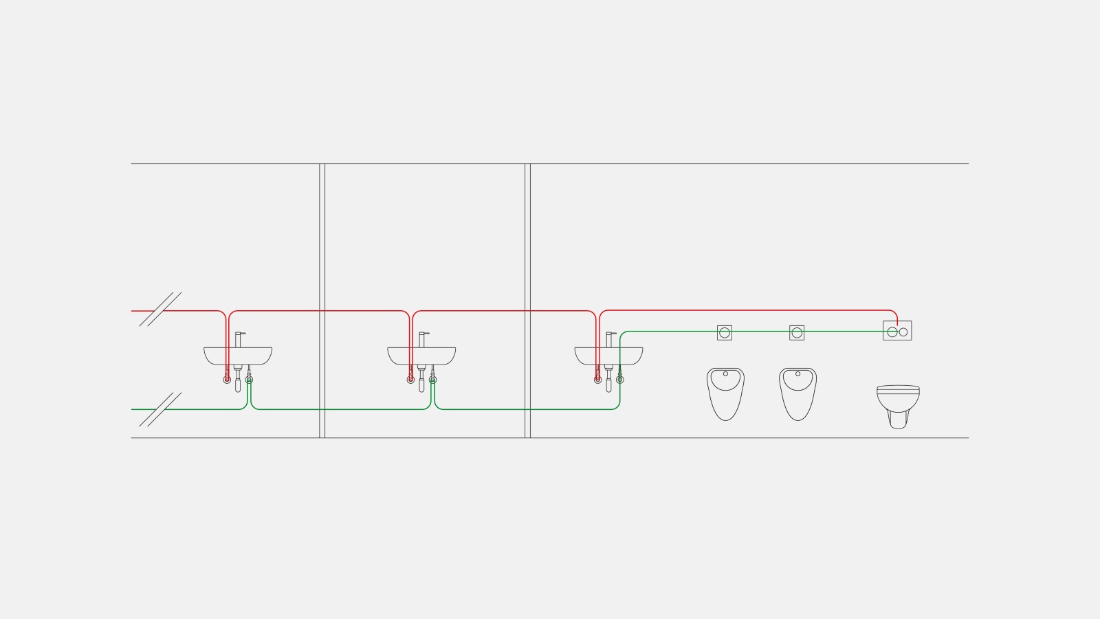 Example of drinking water piping for time flush mode with the Geberit sanitary flush integrated in the concealed cistern