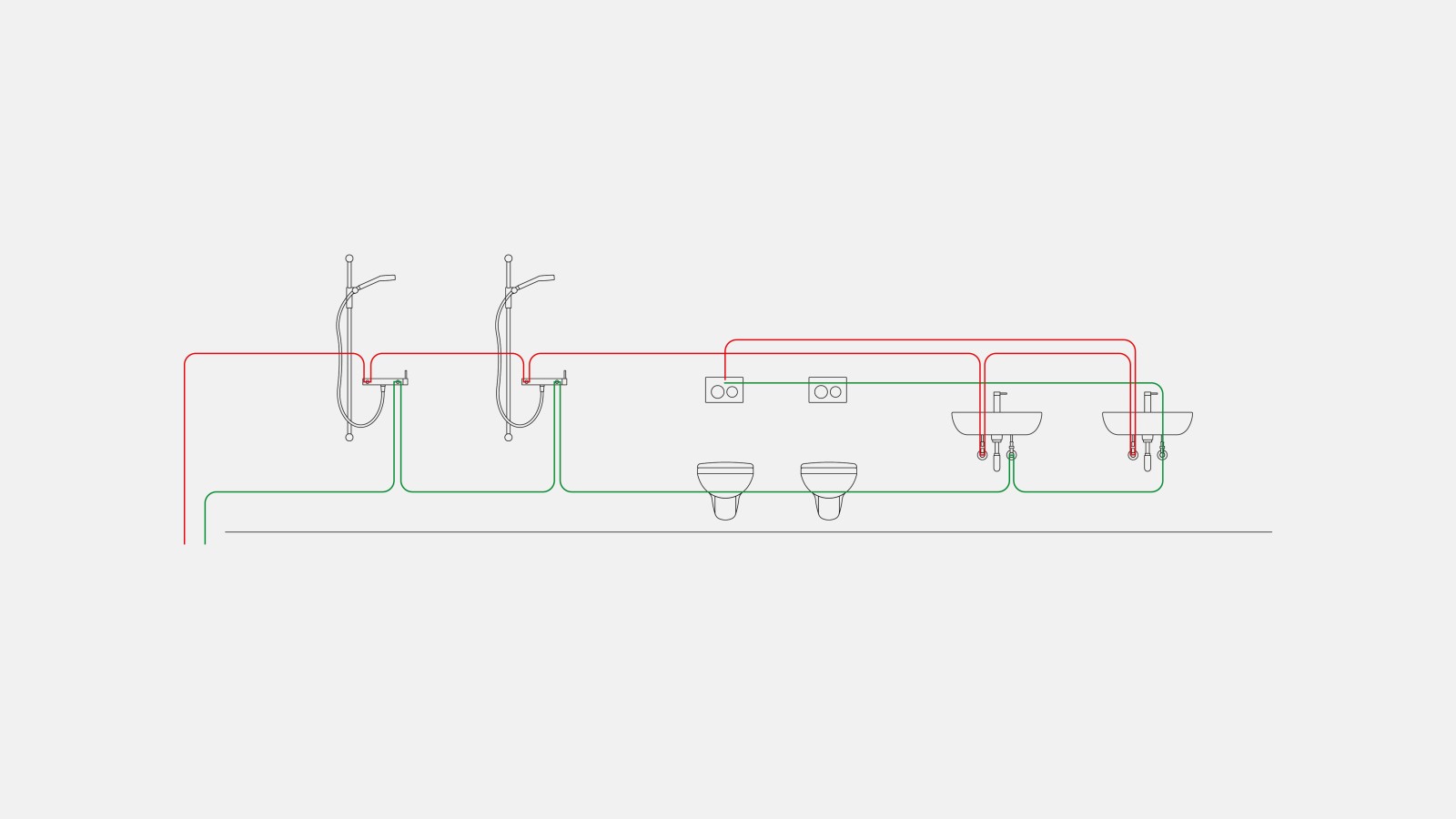 Example of drinking water piping for interval flush mode with the Geberit sanitary flush integrated in the concealed cistern Example of drinking water piping for interval flush mode with the Geberit sanitary flush integrated in the concealed cistern