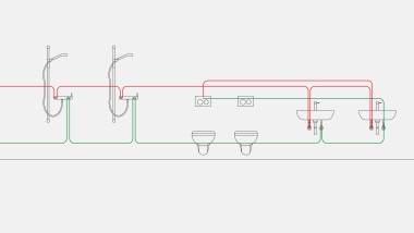 Example of drinking water piping for interval flush mode with the Geberit sanitary flush integrated in the concealed cistern