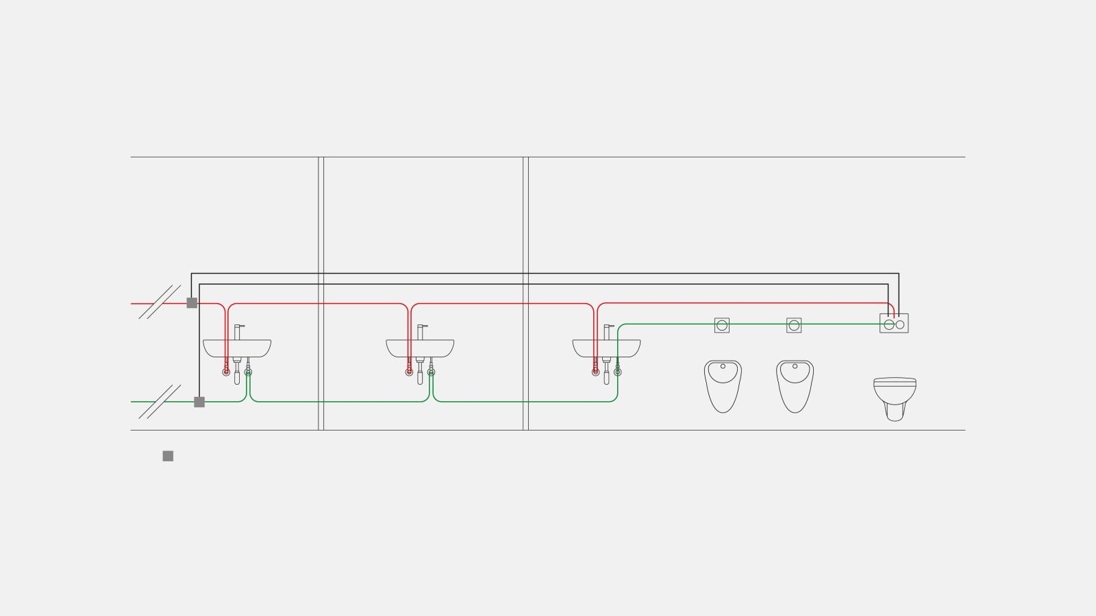 Example of drinking water piping for temperature flush mode with the Geberit sanitary flush integrated in the concealed cistern