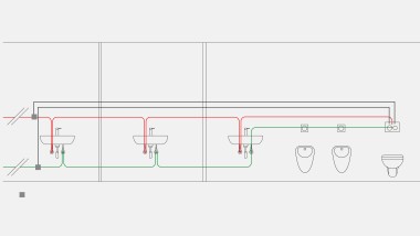 Example of drinking water piping for temperature flush mode with the Geberit sanitary flush integrated in the concealed cistern