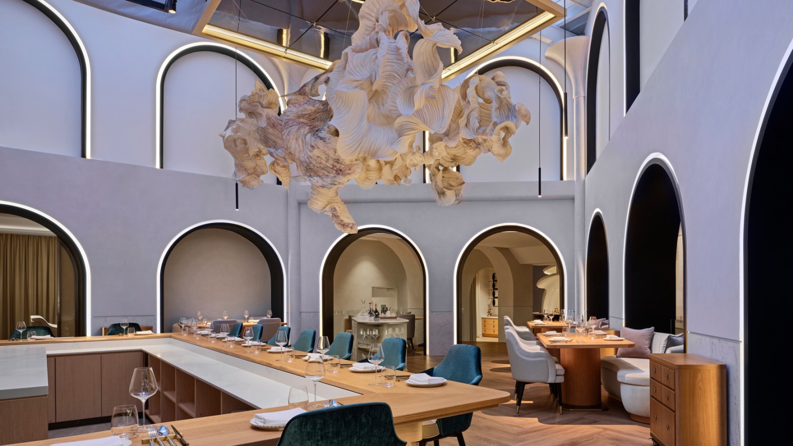 A cloud of paper hovers over the main dining room of the new Singapore star restaurant Born (© Owen Raggett) A cloud of paper hovers over the main dining room of the new Singapore star restaurant Born (© Owen Raggett)