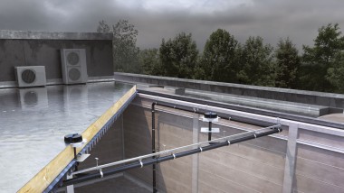 The Pluvia roof drainage system can drain all three towers with relatively few inlet elements (© Geberit) The Pluvia roof drainage system can drain all three towers with relatively few inlet elements (© Geberit)