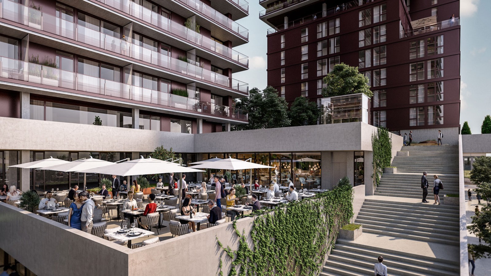 Overhanging roof terraces and gastronomy are part of the offer (© Soravia)