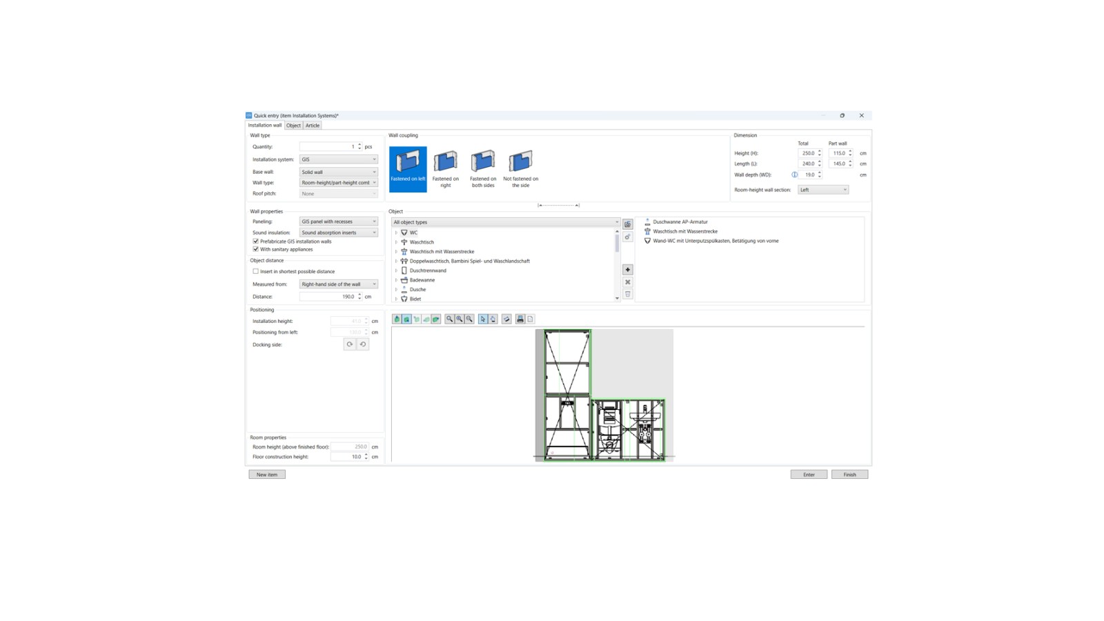 User interface of the planning module for installation systems in Geberit ProPlanner User interface of the planning module for installation systems in Geberit ProPlanner