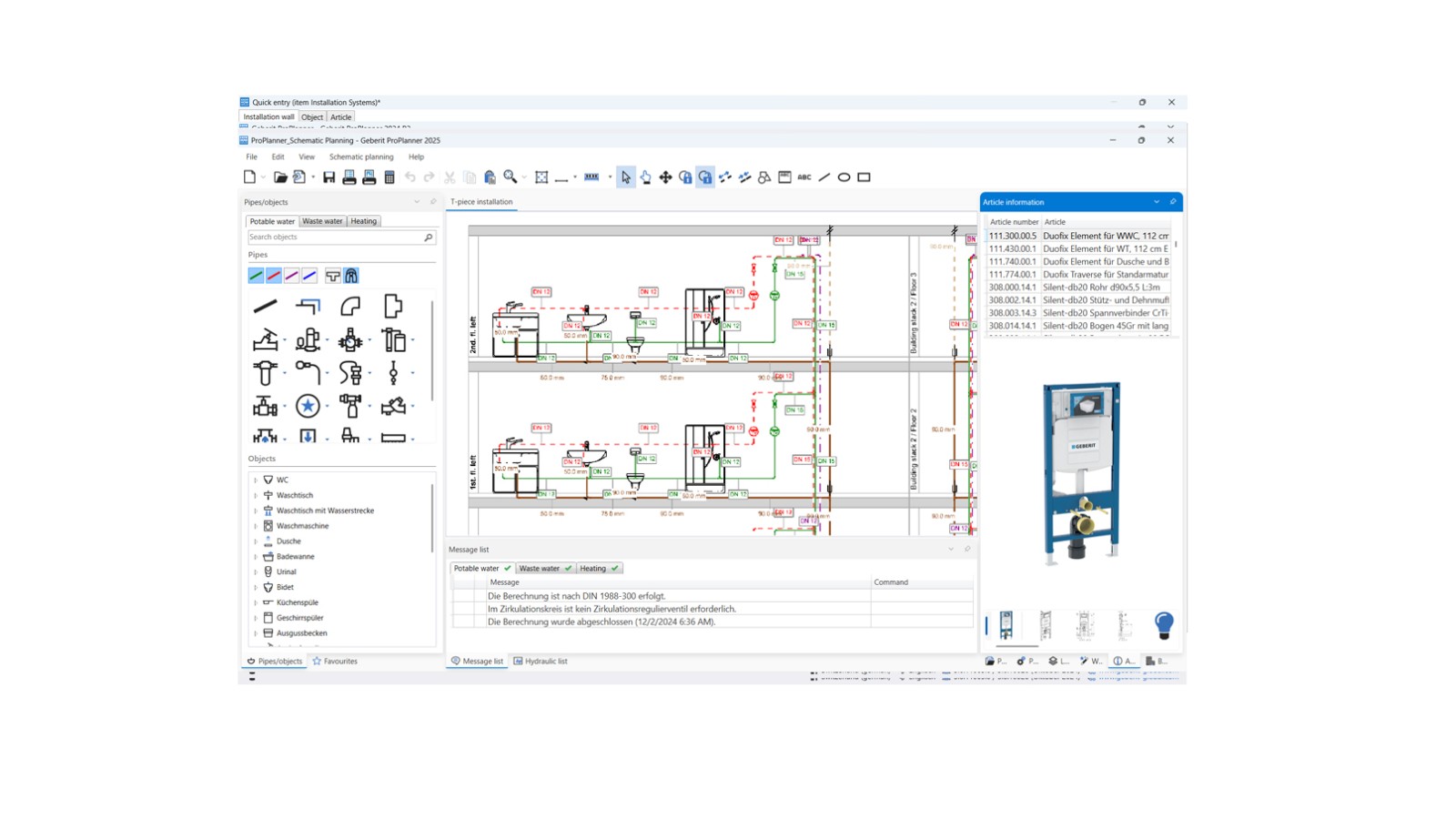 View of the schematic planning module in Geberit ProPlanner View of the schematic planning module in Geberit ProPlanner