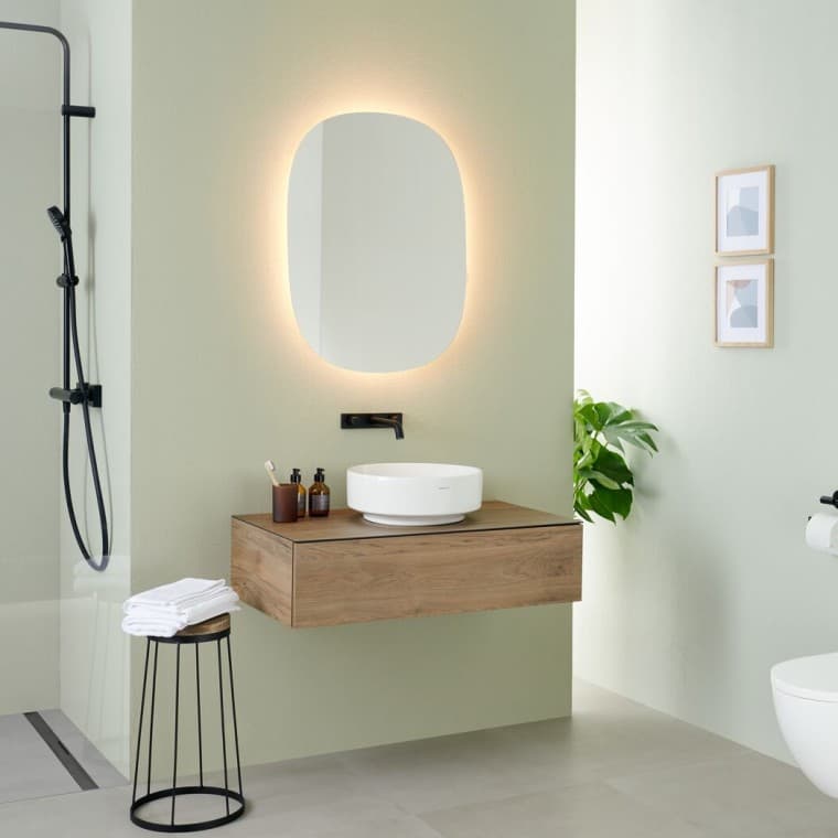 Geberit Option mirror with VariForm lay-on washbasin and furniture Geberit Option mirror with VariForm lay-on washbasin and furniture