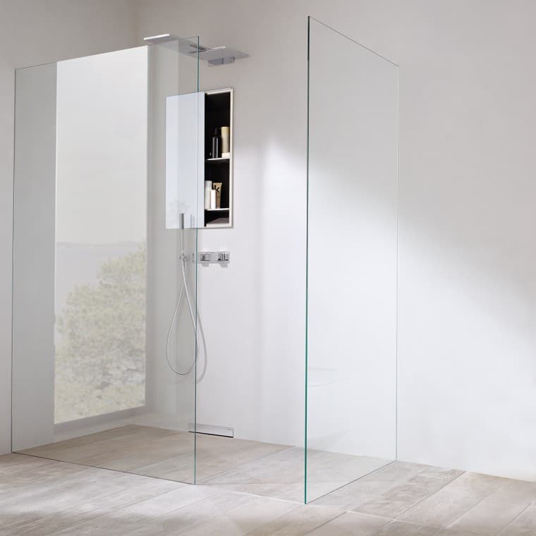 Shower with seamlessly integrated walk-in shower panel Shower with seamlessly integrated walk-in shower panel